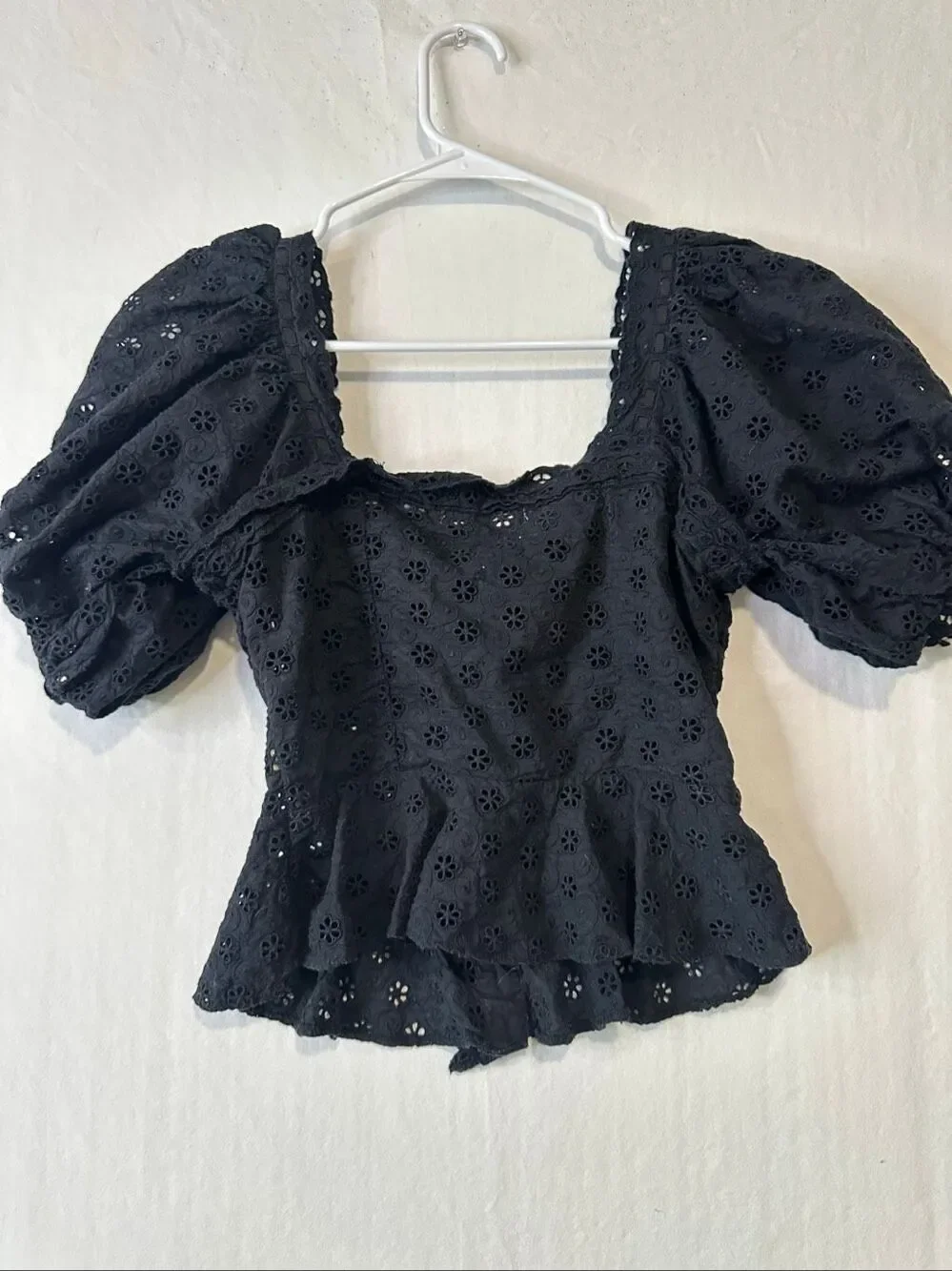 Doen Nera Eyelet Top Black Organic Cotton Puff Sleeve Peplum Blouse XS